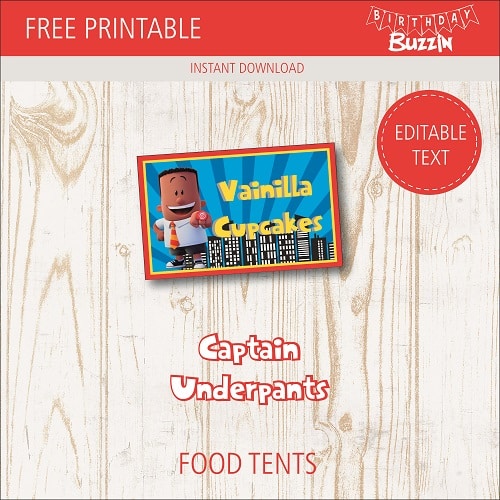 Free Printable Captain Underpants Food tents