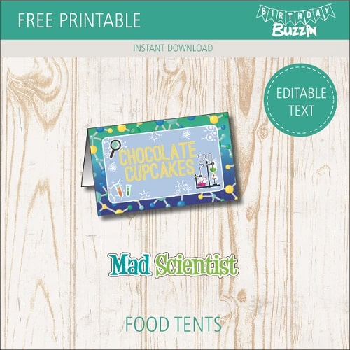 Free printable Mad Scientist Food tents