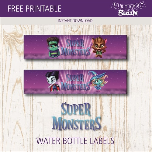 Free printable Super Monsters Water bottle labels