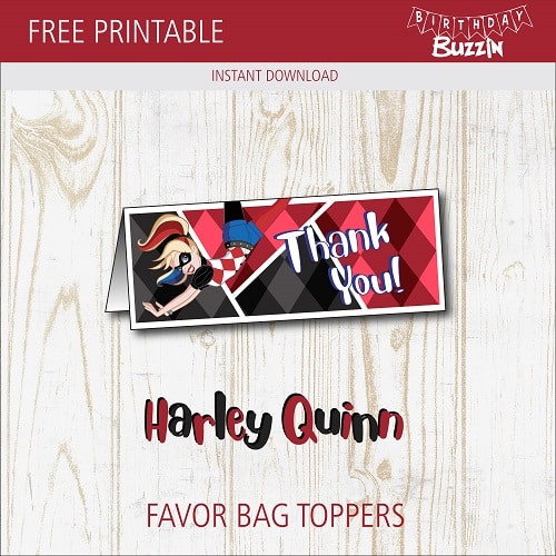 Free printable Harley Quinn Favor Bag Toppers