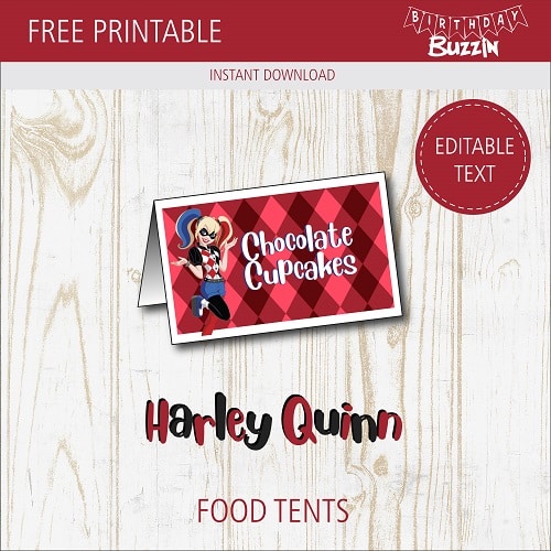 Free printable Harley Quinn Food tents