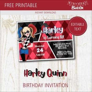 Free printable Harley Quinn birthday party Invitations