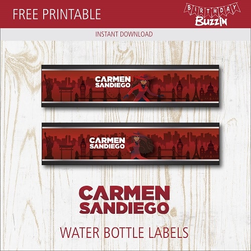 Free printable Carmen Sandiego Water bottle labels